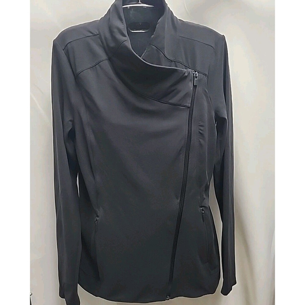 Athleta Blissout Black Jacket Thumbs Holes Wicking Full Asymmetric Zip Womens S